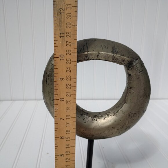 Metal Ring Sculpture on Cast Iron Stand Gilt Distressed Aluminum Wrapped Statue - Picture 8 of 10